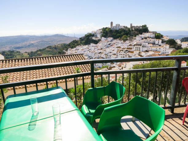 Cafe with view of the town of Casares, White town of Andalusia, Spain Cafe with view of the town of Casares, White town of Andalusia, Spain casares photos stock pictures, royalty-free photos & images