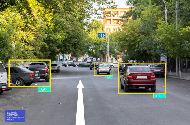 istock Smart car with artificial intelligence. Recognize cars and pedestrians. Accident prevention by computer. Unmanned car 1154623707