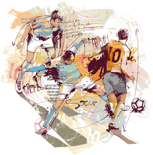 illustrazioni stock, clip art, cartoni animati e icone di tendenza di schizzo calcistico in azione - pallone da calcio illustrazioni