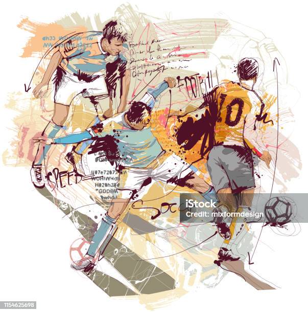 Voetbal Sketch In Actie Stockvectorkunst en meer beelden van Voetbal - Teamsport - Voetbal - Teamsport, Illustratie, Voetbal - Bal