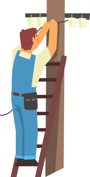 Vector illustration of Professional Electrician Standing on Stepladder Repairing Wire of Power Line, Electric Man Character in Blue Overalls Vector Illustration