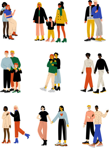 Happy Gay and Lesbian Couples Set, Women and Men Hugging, Homosexual Family Couples and Their Kids, Romantic Homosexual Relationship Vector Illustration Happy Gay and Lesbian Couples Set, Women and Men Hugging, Homosexual Family Couples and Their Kids, Romantic Homosexual Relationship Vector Illustration on White Background. diverse family stock illustrations