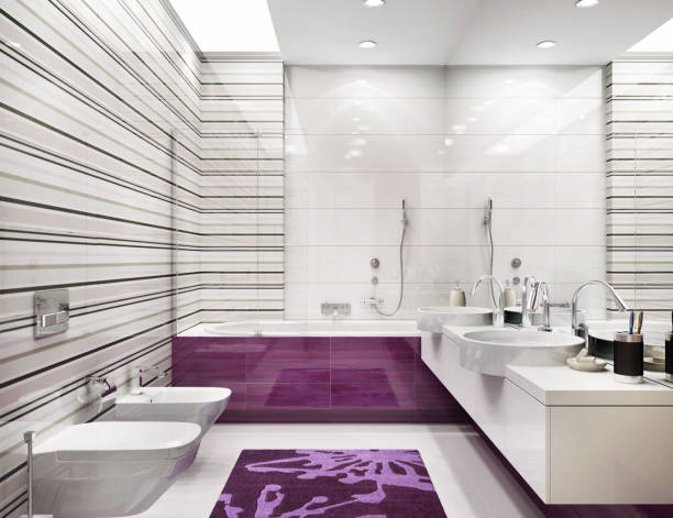 nowoczesny duży wystrój wnętrz łazienki - purple tile mosaic tiled floor zdjęcia i obrazy z banku zdjęć