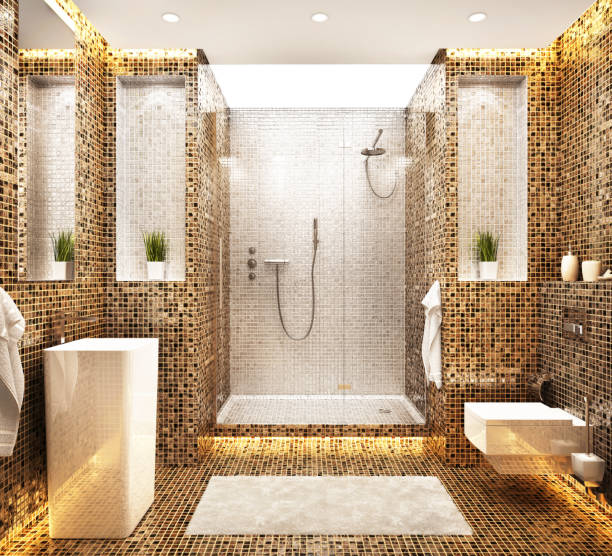 moderno baño de mosaico hermoso diseño - loft apartment bathroom mosaic tile fotografías e imágenes de stock