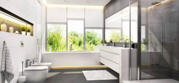 Modern white bathroom design with a window Modern white bathroom design with window and gray shower streaky lights stock pictures, royalty-free photos & images