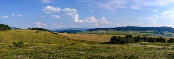 istock countryside landscape under blue sky and dramatic white clouds 1154637028