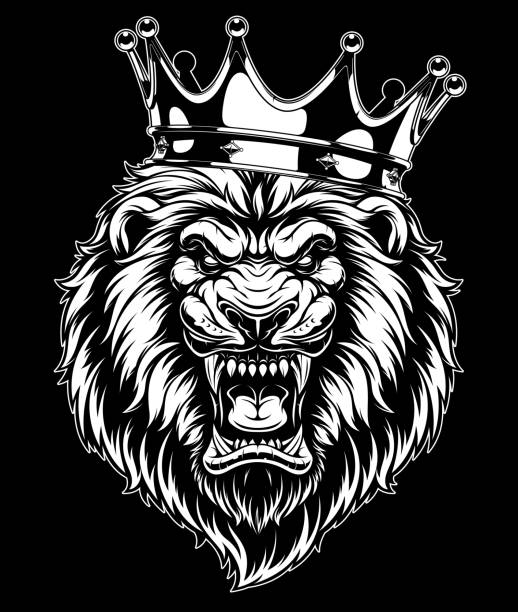 head of a ferocious lion wearing a crown Vector illustration, head of a ferocious lion wearing a crown, on a black background. totem pole face stock illustrations