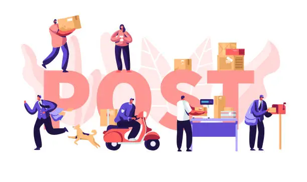 Vector illustration of People in Post Office Concept, Postmen Deliver Mail Packages to Customers. Mail Delivery Service, Postage Transportation. Profession. Poster, Banner, Flyer, Brochure. Cartoon Flat Vector Illustration