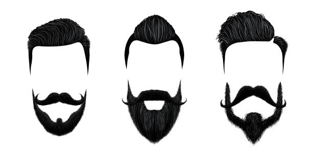 ilustrações, clipart, desenhos animados e ícones de cabelo dos homens e estilo do moustache. corte de cabelo do cavalheiro do vintage, barba da beleza e estilos dos bigodes da forma ajustados - pompadour