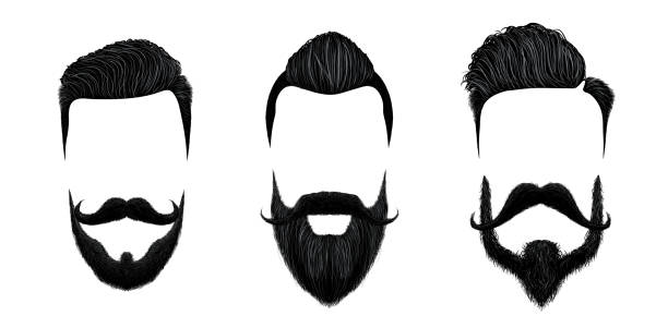 Men hair and moustache styling. Vintage gentleman haircut, beauty beard and fashion mustaches styles vector illustration set Men hair and moustache styling. Vintage gentleman haircut, beauty beard and fashion mustaches styles. Barbershop logotype, moustache and beards hairstyle. Vector illustration isolated icons set rockabilly hair men stock illustrations