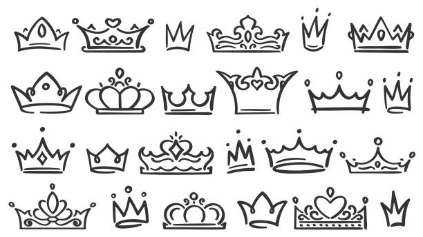 ilustraciones, imágenes clip art, dibujos animados e iconos de stock de corona dibujada a mano. coronas de lujo bosquejo, reina o rey de la coronación doodle y majestuosa princesa tiara vector aislado ilustración conjunto - princess queen nobility glamour