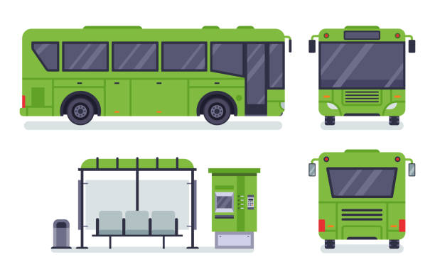 illustrazioni stock, clip art, cartoni animati e icone di tendenza di autobus urbano pianeggiante. fermata del trasporto pubblico, biglietteria autobus e set di illustrazioni vettoriali autobus - bus