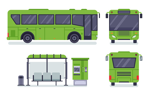 Flat city bus. Public transport stop, autobus ticket office and buses. City transportation, municipal or school bus. Vector illustration isolated icons set