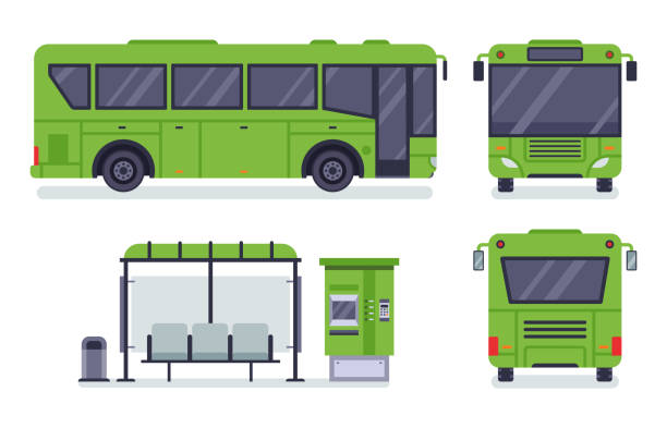 Flat city bus. Public transport stop, autobus ticket office and buses vector illustration set Flat city bus. Public transport stop, autobus ticket office and buses. City transportation, municipal or school bus. Vector illustration isolated icons set bus illustrations stock illustrations