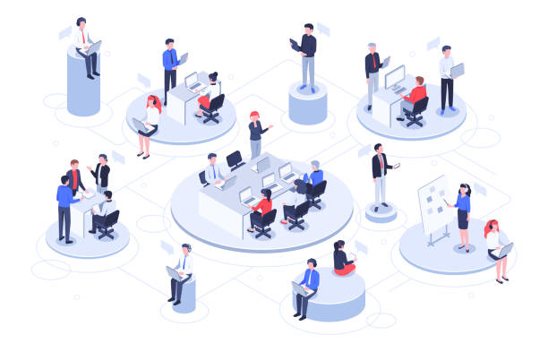 Isometric virtual office. Business people working together, technology companies workspace and teamwork platforms vector illustration Isometric virtual office. Business people working together, technology companies workspace and teamwork platforms. Digital development communication, vr training vector illustration isometric projection stock illustrations