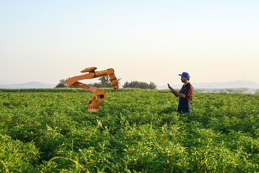 Farmer operating smart-farming robot