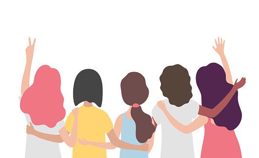 Diverse international group of women or girl hugging together. Sisterhood, friends, union of feminists, event celebration. Girls team on isolated background with copy space. Flat vector illustration.