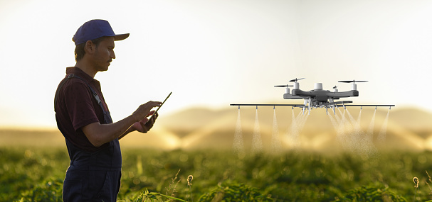 Farmer operating smart-farming drone