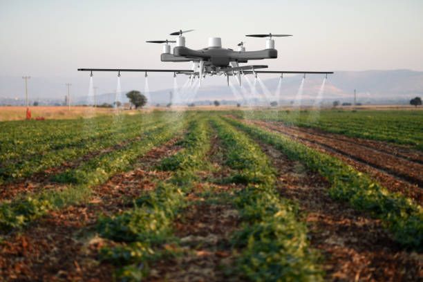 Drone spraying a field Drone spraying a field crop spraying drones stock pictures, royalty-free photos & images