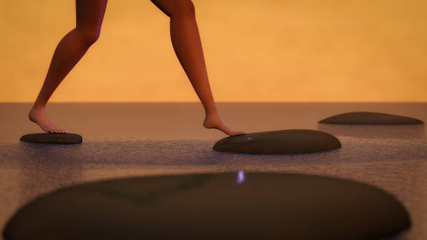 a female character goes from rock to rock (3d rendering)