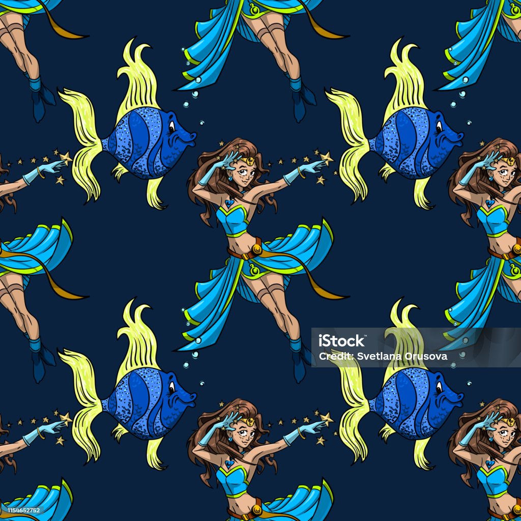 Magic Cartoon Fish Magic Fish And Magician Girl Seamless Pattern Stock Illustration ...