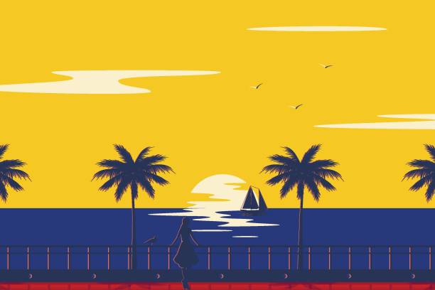 illustrazioni stock, clip art, cartoni animati e icone di tendenza di tramonto estate spiaggia tropicale con palme e mare. paesaggio naturalistico e paesaggio marino. ragazza sul lungomare. - ship coast illustrations