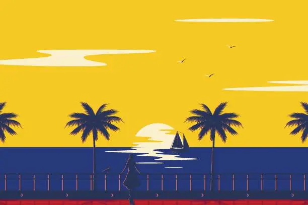 Vector illustration of Sunset summer tropical beach with palm trees and sea. Nature landscape and seascape. Girl on the promenade.