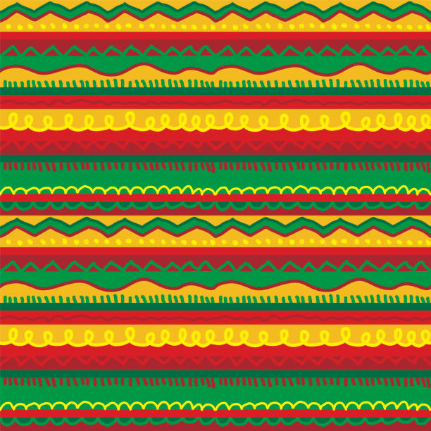 Folk hand drawn stripes rug seamless pattern Folk hand drawn stripes rug seamless pattern in reggae music colors. Yellow, red and green Jamaica summer color tribal repeatable motif for surface design, textile, background, wrap, packing. caribbean stock illustrations