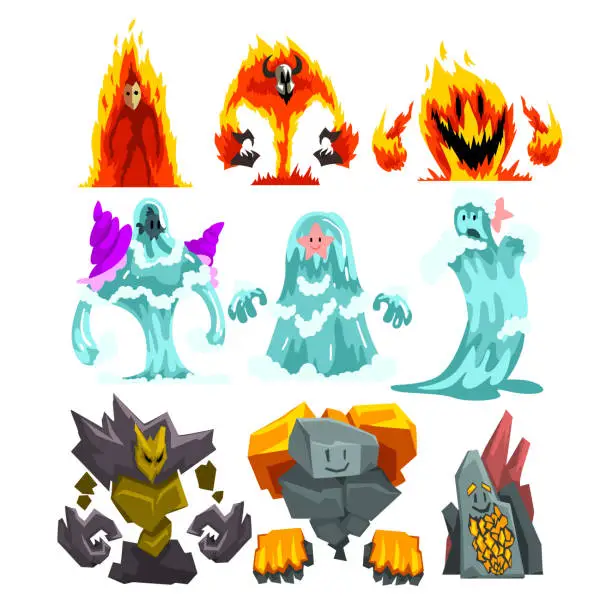 Vector illustration of Fire, Stone and Water Monsters Set, Fantasy Mystic Creatures Elementals Cartoon Characters Vector Illustration