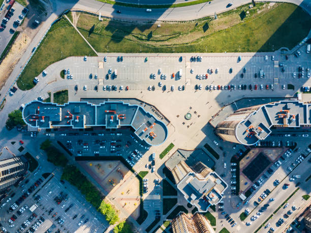 Road intersection in modern residential area in Voronezh, top view