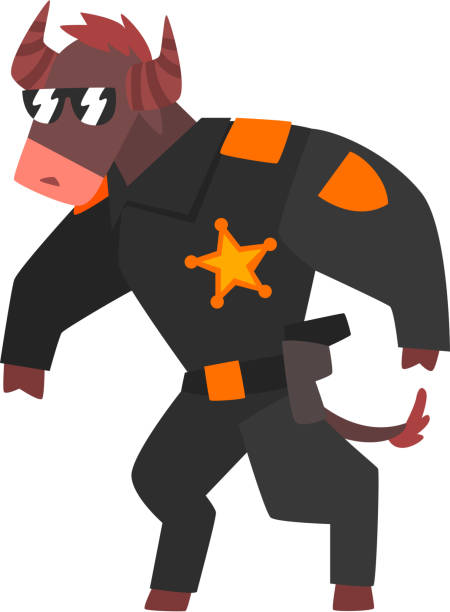 ilustrações de stock, clip art, desenhos animados e ícones de bull police officer wearing uniform, humanized animal cartoon character vector illustration - humor badge blue crime