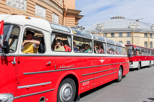 St. Petersburg, Russia - 25 May, 2019.\nThe parade of retro transport and cars on the day of the city in St. Petersburg.\nColumn retro buses Ikarus.