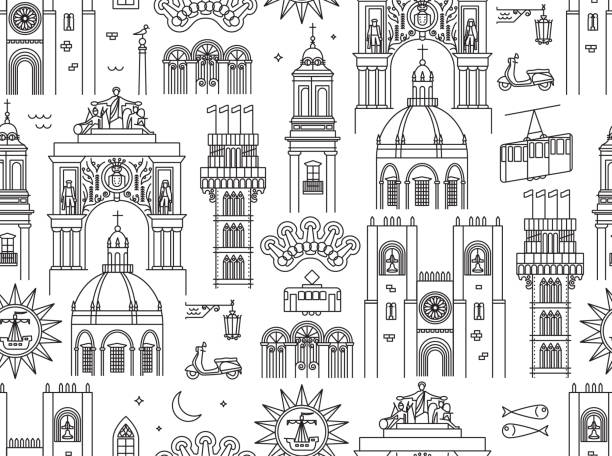 ilustrações de stock, clip art, desenhos animados e ícones de lisbon portugal seamless pattern - lisboa