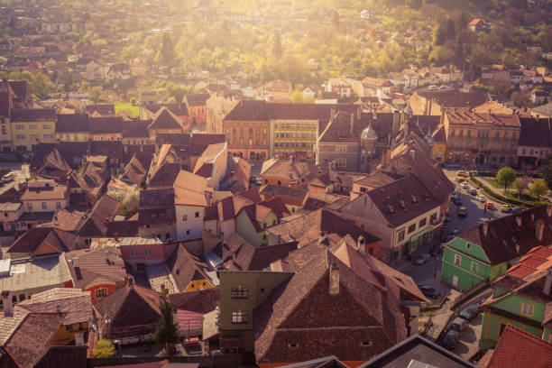 old town of sighisoara - aerial view - sighisoara romania sunlight day imagens e fotografias de stock