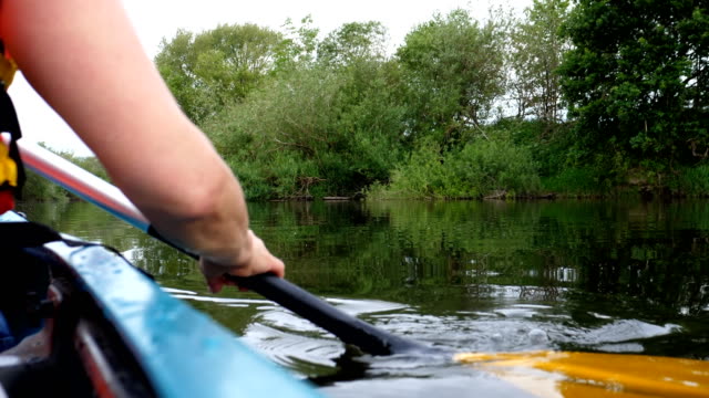 Woman paddling kayak side view