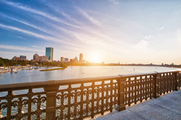 panoramic view of boston downtown and historic center from the landmark longfellow bridge over charles river - boston charles river skyline massachusetts imagens e fotografias de stock