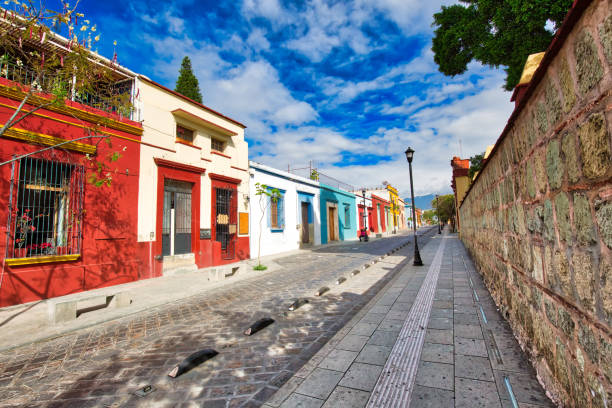 Oaxaca, Scenic old city streets and colorful colonial buildings in historic city center stock photo
