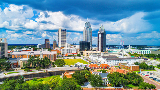 Drone Aerial View of Downtown Mobile Alabama AL Skyline.