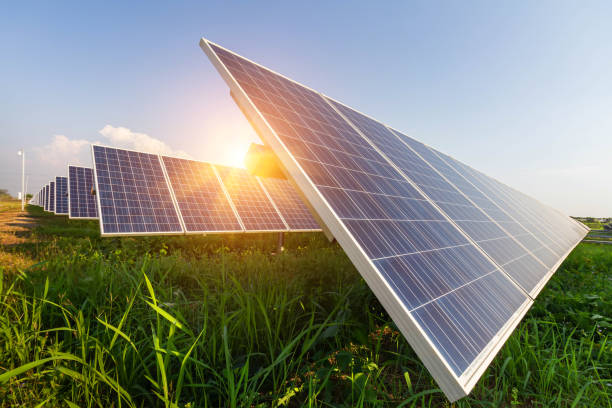 Solar panel, alternative electricity source, concept of sustainable resources, And this is a new system that can generate electricity more than the original, This's the sun tracking systems stock photo