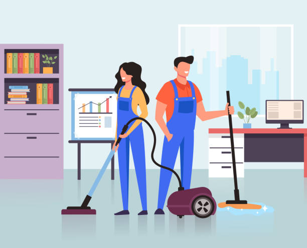 Cleaners team clean office. Cleaning service concept. Vector flat graphic design cartoon illustration Cleaners team clean office. Cleaning service concept. Vector flat graphic design cartoon crewmembers stock illustrations