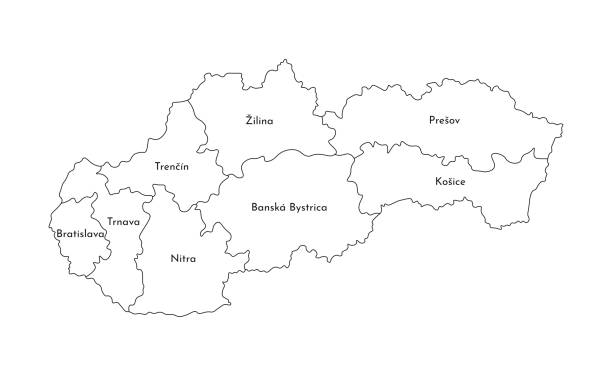 벡터 고립 된 슬로바키아의 간단한 관리 지도 그림. 영역의 테두리 및 이름입니다. 블랙 라인 실루엣 - slovakia stock illustrations