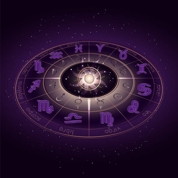istock Vector illustration with Horoscope circle, Zodiac symbols and pictograms astrology planets on the starry night sky background with geometry pattern. 1154689369
