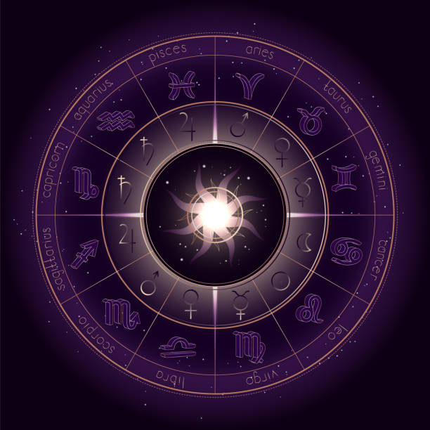 istock Vector illustration with Horoscope circle, Zodiac symbols and pictograms astrology planets on the starry night sky background with geometry pattern. 1154689601