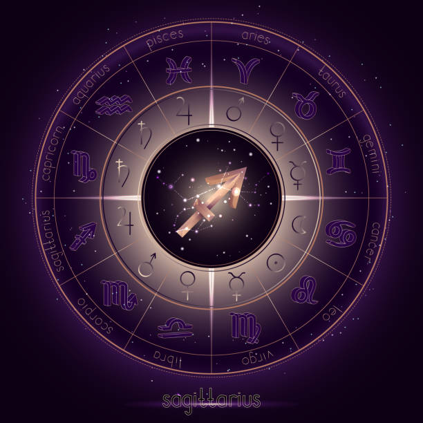 istock Zodiac sign and constellation SAGITTARIUS with Horoscope circle on the starry night sky background with geometry pattern. 1154690192