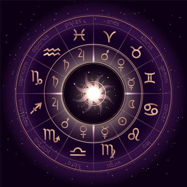 istock Vector illustration with Horoscope circle, Zodiac symbols and pictograms astrology planets on the starry night sky background with geometry pattern. 1154690361