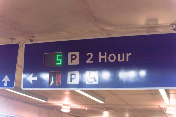 istock Signboard with traffic directions and LED display available parking space 1154692015