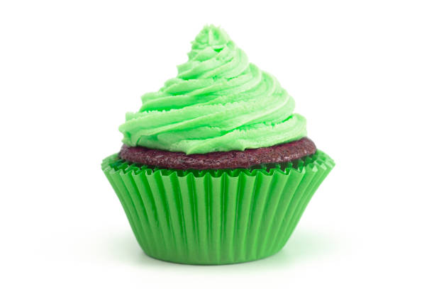 Single Green Iced Chocolate Cupcake Isolated on a White Background