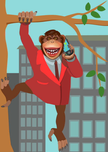 ilustraciones, imágenes clip art, dibujos animados e iconos de stock de mono en la ciudad hablando con un teléfono móvil - telephone chimpanzee monkey on the phone