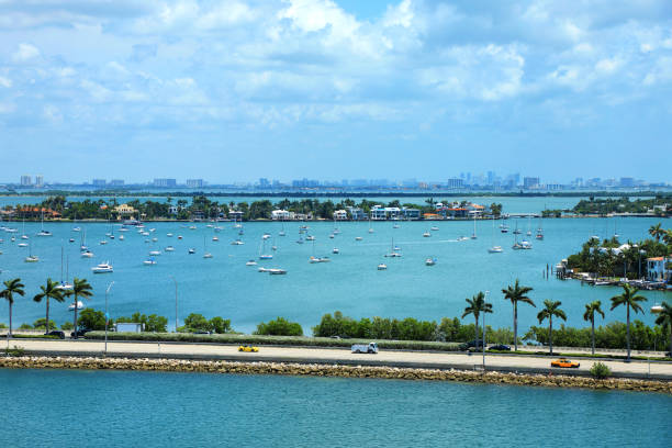 istock Cityscape from Miami bay with boats over cloudy blue sky 1154701830