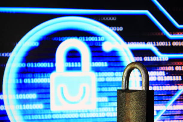 istock iron padlock and digital padlock symbol in screen display in the background. 1154703908